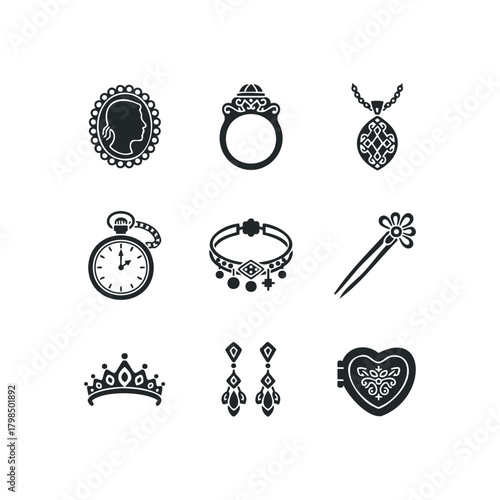 Set of vintage jewelry and accessories icons