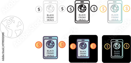 Minimalist icon collection depicting global Black Friday sales, featuring online mobile shopping and currency symbols for promotions
