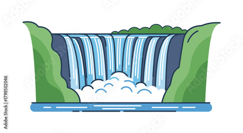 Stylized waterfall illustration amidst green cliffs with serene blue water flow and foam