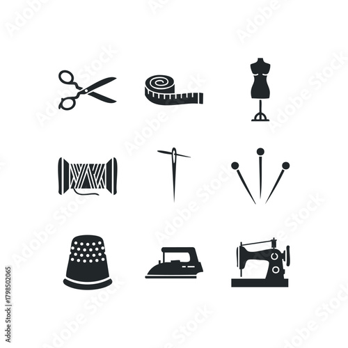 Sewing tools icons including scissors, measuring tape, mannequin