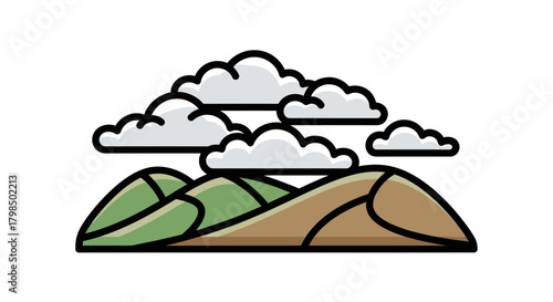 Stylized mountain range landscape with fluffy clouds against clear white background