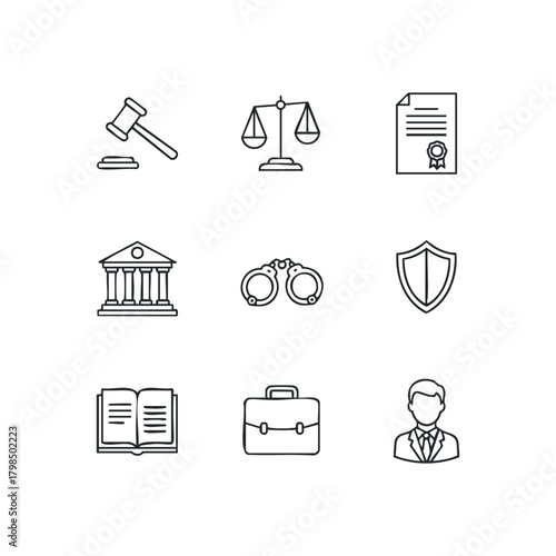Legal icons set justice courtroom law symbols