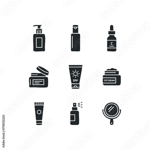 Skincare product icons assortment isolated on white background