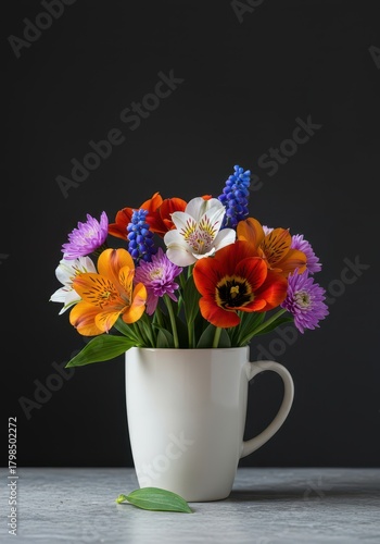 Wallpaper Mural Vibrant spring bouquet featuring various colorful blooms neatly arranged inside a pristine white ceramic mug, symbolizing freshness ,rose ,yellow ,garden Torontodigital.ca