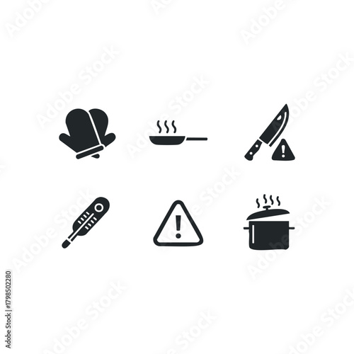 Kitchen Safety Icons Hot Pan Thermometer Knife Warning Sign