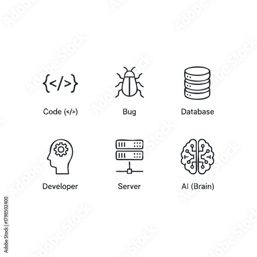 Technology icons for coding, debugging, data, and AI