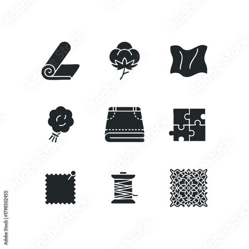 Fabric roll, cotton boll, folded fabric, and sewing supplies icon set
