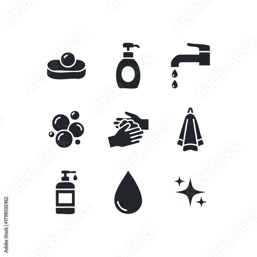 Hygiene icons with soap, hands washing, and water droplets