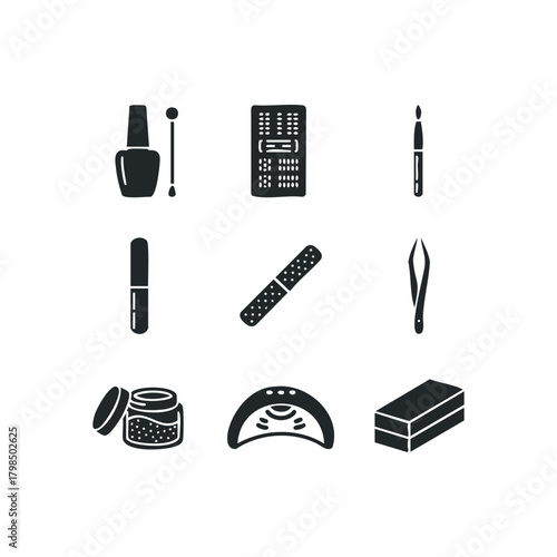 Manicure tools and equipment set with nail polish bottle and lamp