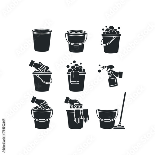 Set of cleaning icons with buckets, hands, and mop
