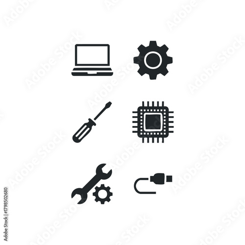 Collection of computer hardware repair and maintenance icons