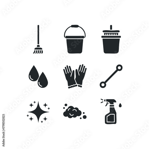 Cleaning supplies icons set
