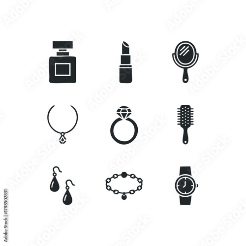 Collection of simple black icons for personal care and adornment
