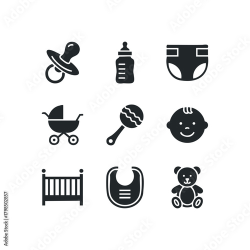 Collection of nine common infant care icons