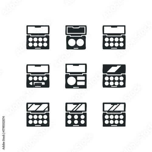 Nine cosmetic compact icons with eyeshadow and blush