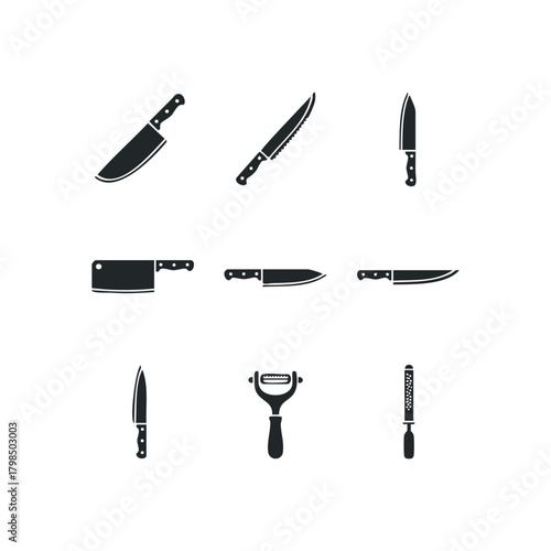 Collection of kitchen knives and peeler icons