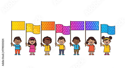 Diverse group of children joyfully holding colorful polka dot flags in unity and celebration