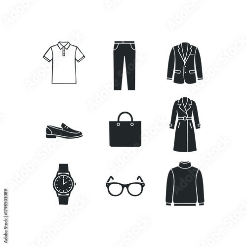 Menswear Collection Icons with Polo Shirt, Trousers, Jacket, Loafer Shoe