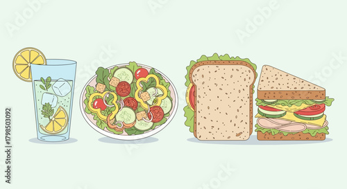 Stylized illustration showcasing a refreshing drink, a vibrant salad, and two appetizing sandwiches