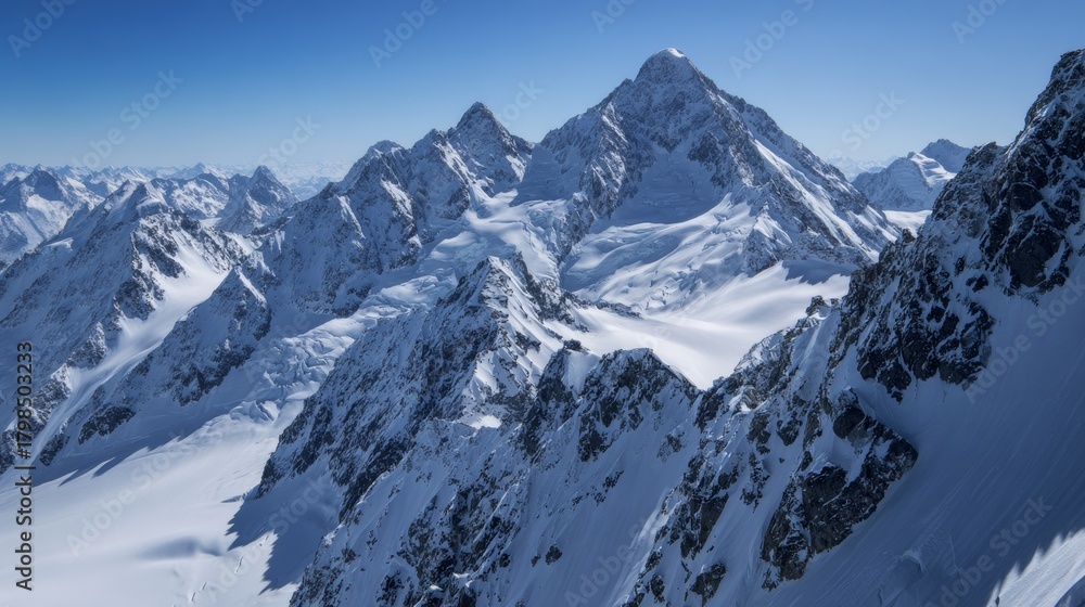 Obraz premium Aerial view of snow-covered Alps with a clear blue sky, showcasing breathtaking natural beauty and majestic mountain peaks.