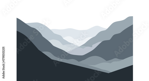 Abstract layered mountain range illustration in shades of gray for nature concept landscape design