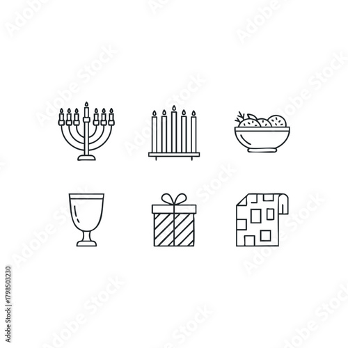 Religious and Holiday Icons Featuring Menorah, Candles, and Gift