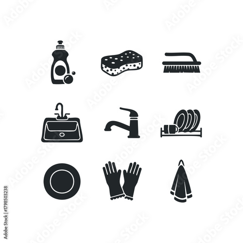 Household cleaning items sink brush sponge dish soap gloves and towel icons