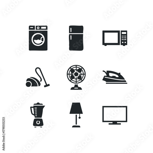 Set of nine home appliance icons on a white background