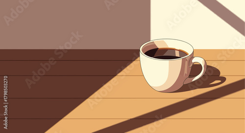 Aesthetic morning coffee cup illustration with sunlight casting shadows on wooden table evokes