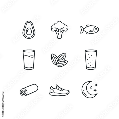 Healthy lifestyle icons including food, drink, and exercise