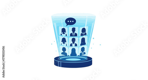 Virtual meeting podium showcasing global communication with diverse participants