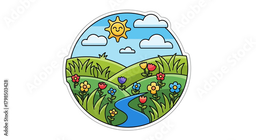 Illustration of a cheerful summer day with rolling hills and blossoming wildflowers cartoonish scene