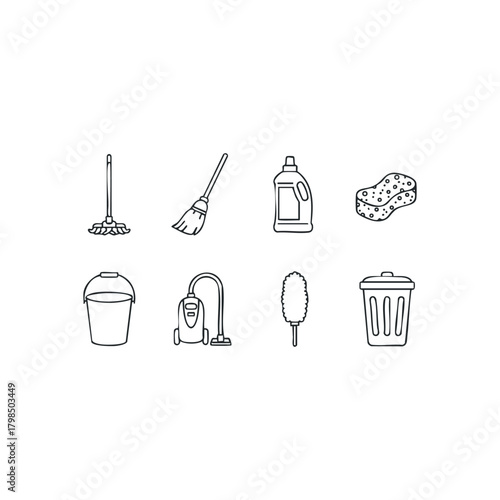 Collection of cleaning tools and supplies for household chores