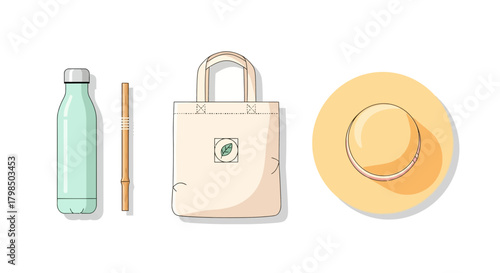 Eco-Friendly Essentials: Reusable Water Bottle, Straw, Tote Bag, and Sun Hat Promoting Sustainable