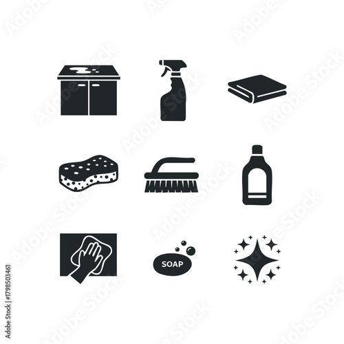 Household cleaning icons representing disinfection and tidiness