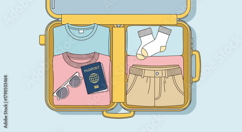 Vector illustration of a suitcase packed with clothes and passport ready for travel planning and