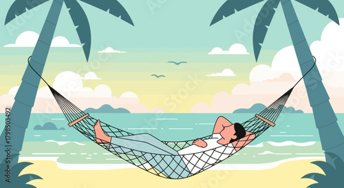 Man relaxing in a hammock on a tropical beach, enjoying the serenity of the ocean and palm trees,