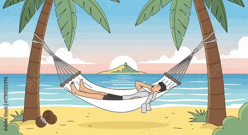 Illustration of a man relaxing in a hammock on a tropical beach at sunset cartoon style