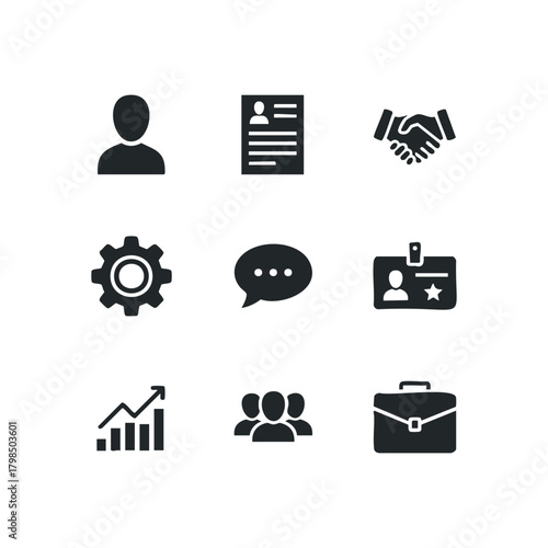 Business icons set with handshake, person profile, and graph