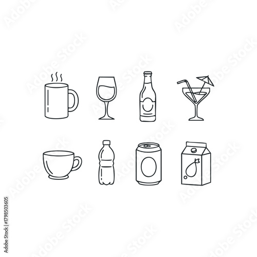Collection of outline icons for drinks and beverages
