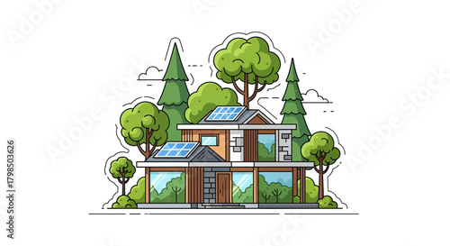 Modern eco-friendly house illustration with solar panels and lush green surroundings showcases