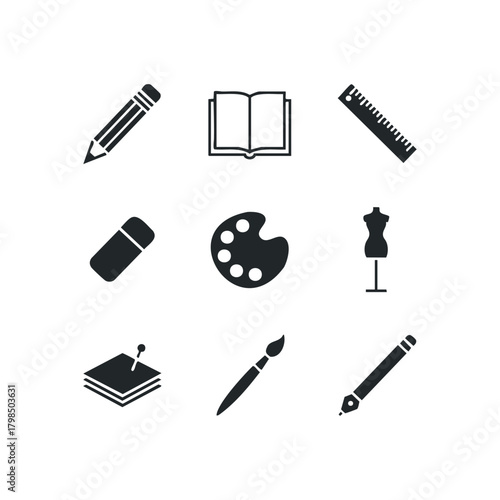 Creative tools set with pencil, book, ruler, eraser and brush