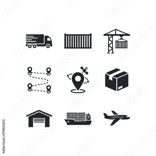 Shipping and logistics icons illustrating transportation and delivery methods