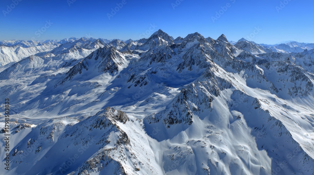 Obraz premium Aerial view of snow-covered Alps with a clear blue sky, showcasing breathtaking natural beauty and majestic mountain peaks.