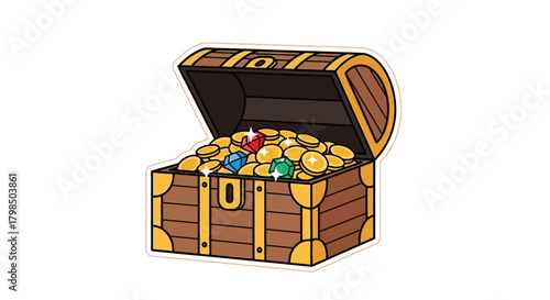 Cartoon style treasure chest filled with golden coins and colorful gems illustration
