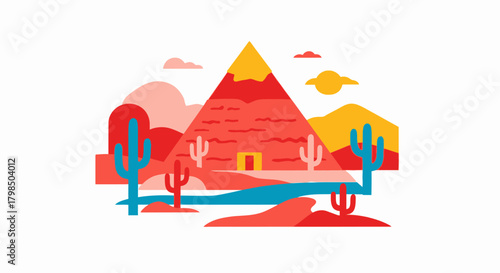 Stylized desert landscape with a geometric mountain and vibrant cactuses a scenic flat vector