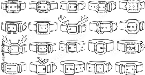 Set of 25 hand-drawn Christmas and Santa Claus belt buckles vector illustrations, featuring festive winter holiday apparel sketches and doodle elements.