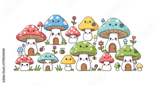 Whimsical mushroom village illustration perfect for children's books and design projects