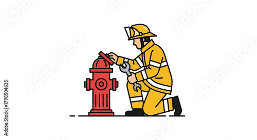 Firefighter meticulously inspecting and repairing a bright red fire hydrant, ensuring readiness
