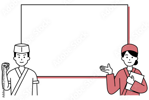 ホワイトボードで説明する和食店の店員